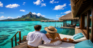 A romantic couple relaxing at a luxury overwater villa in Bora Bora
