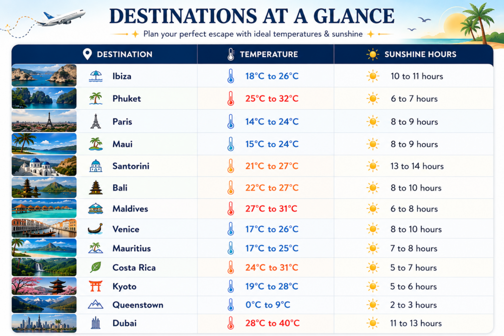 Compare temperatures and sunshine hours across dreamy destinations to find the perfect escape for your next holiday.