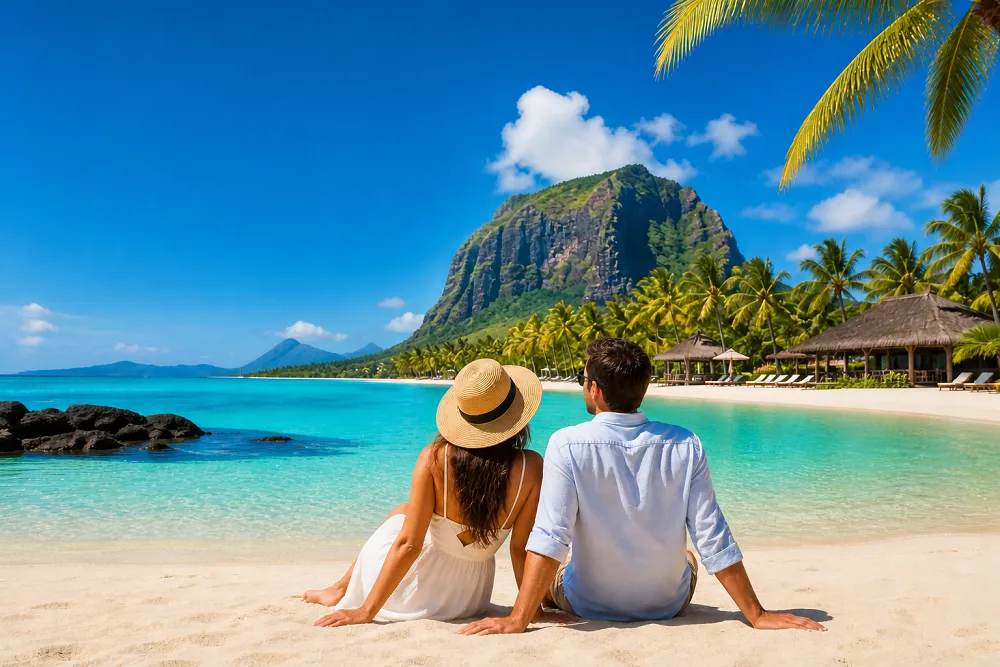 A couple sitting together on a tropical white-sand beach in Mauritius with turquoise ocean water, palm trees, luxury beachfront villas, and a mountain in the background under a bright blue sky.