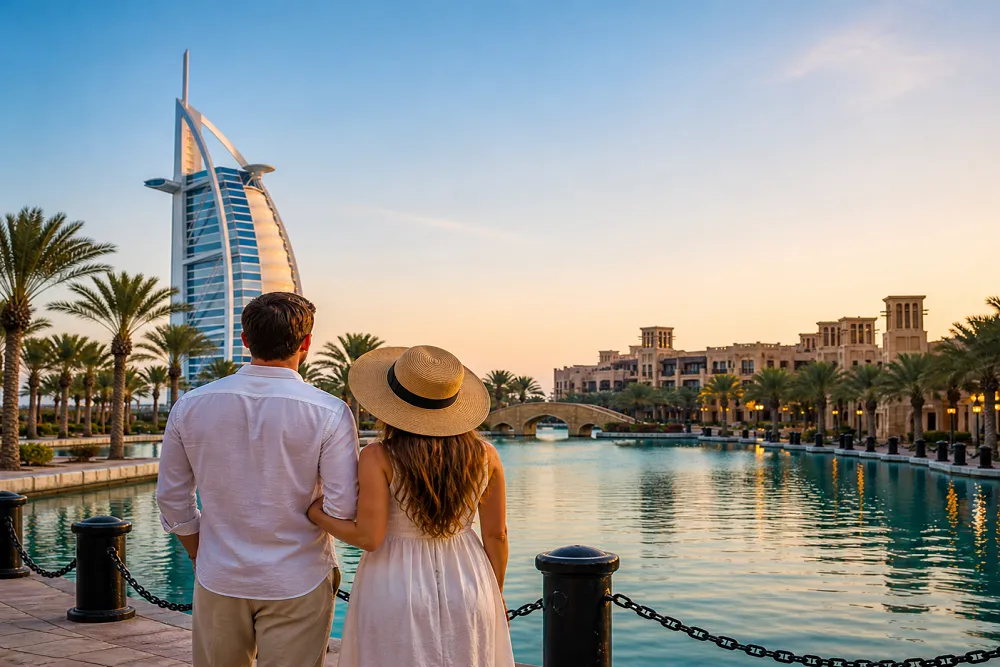 A couple standing beside a waterfront in Dubai with the Burj Al Arab hotel, palm trees, and luxury Arabian-style buildings glowing during sunset.