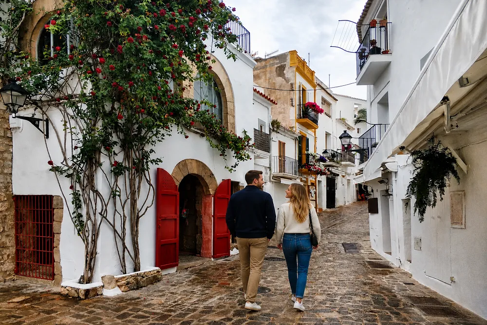 A couple walking hand in hand through a charming European cobblestone street lined with whitewashed buildings, colourful flowers, and red wooden doors in a picturesque old town setting.