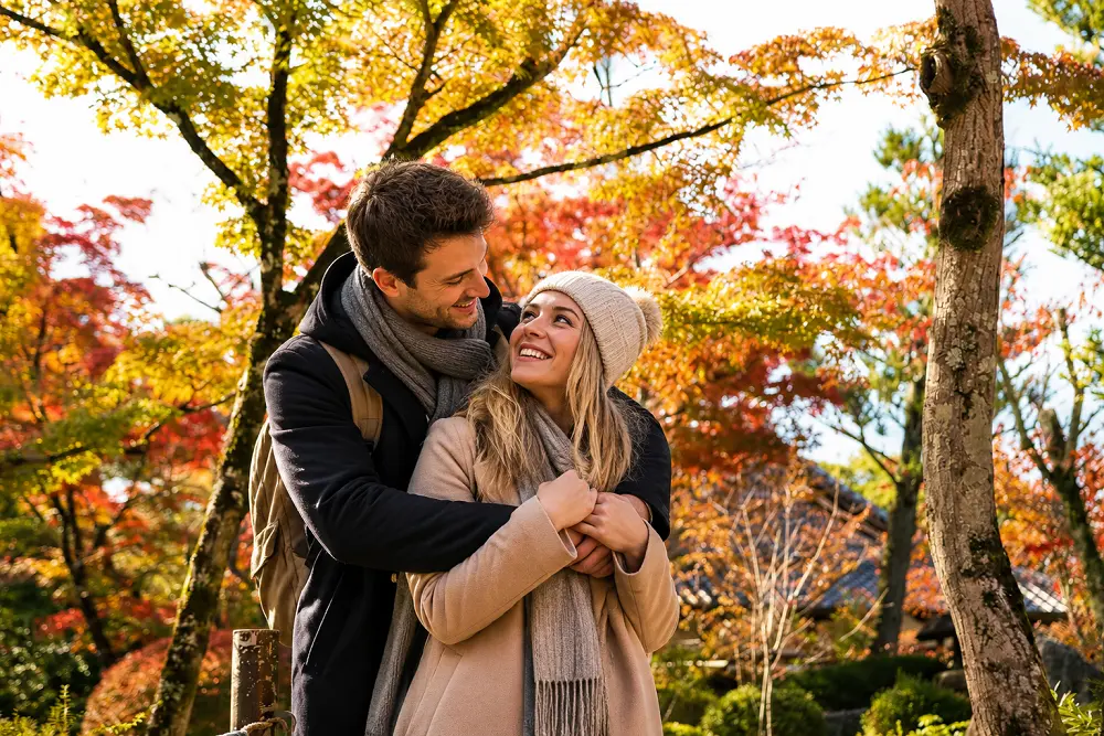 A smiling couple wearing warm autumn clothing embraces in a Japanese garden