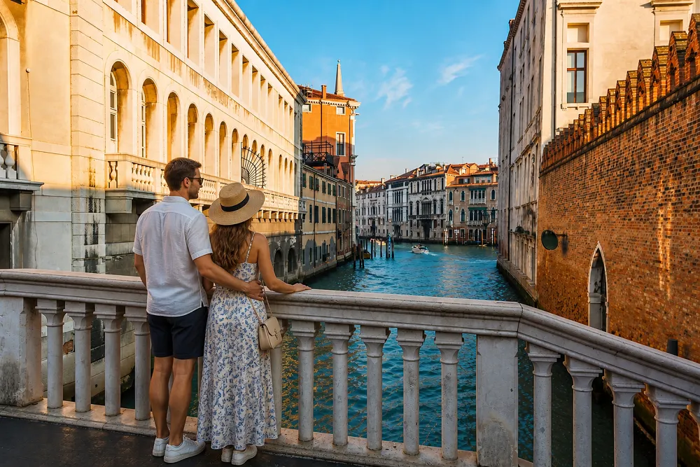 A couple standing on a bridge in Venice overlooking a scenic canal surrounded by historic Italian buildings during golden hour.